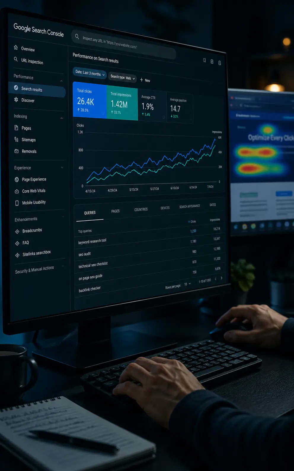 SEO analytics dashboard — Google Search Console with rising organic traffic
