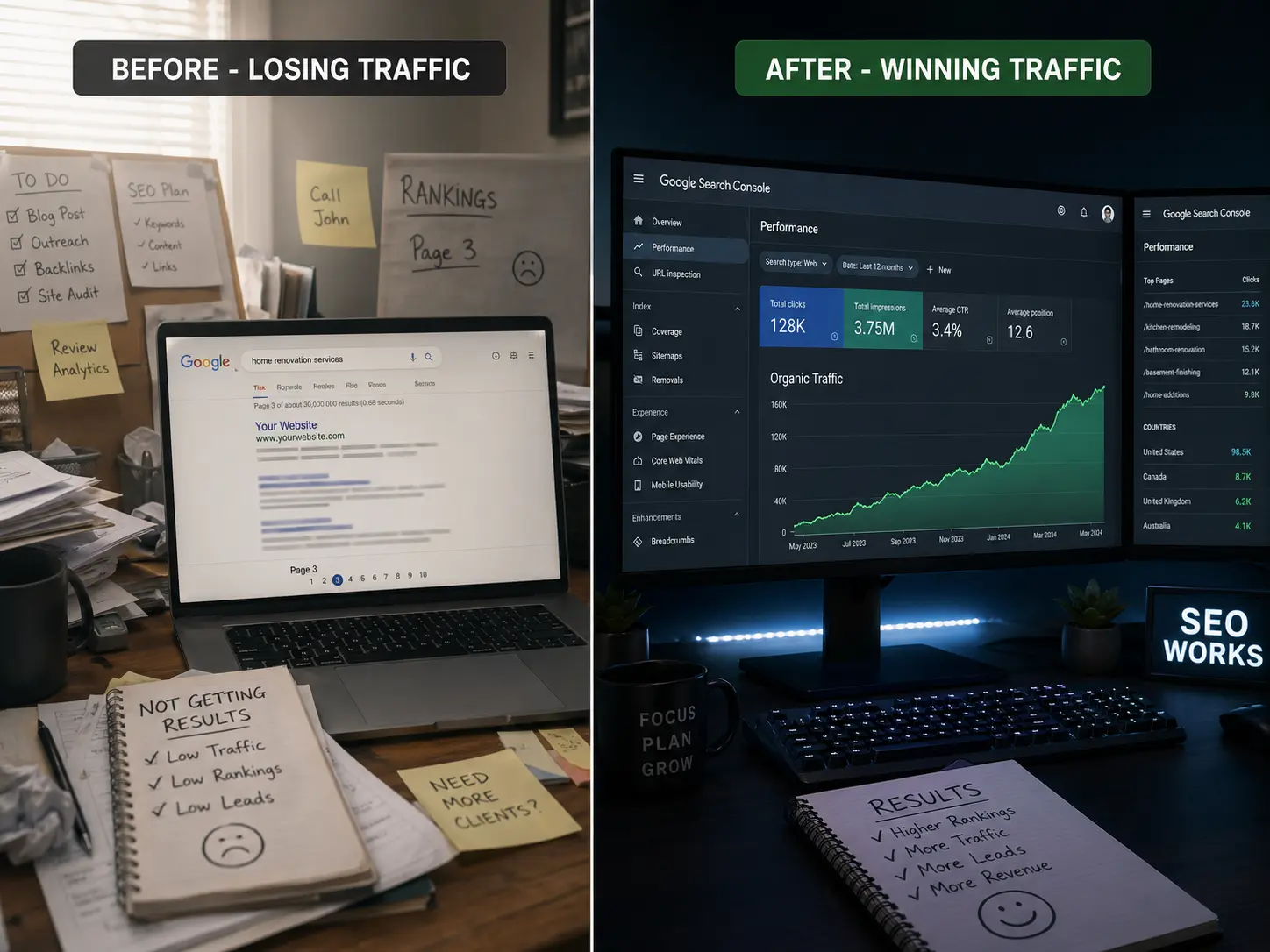 Before and after SEO — poor ranking vs strong organic growth