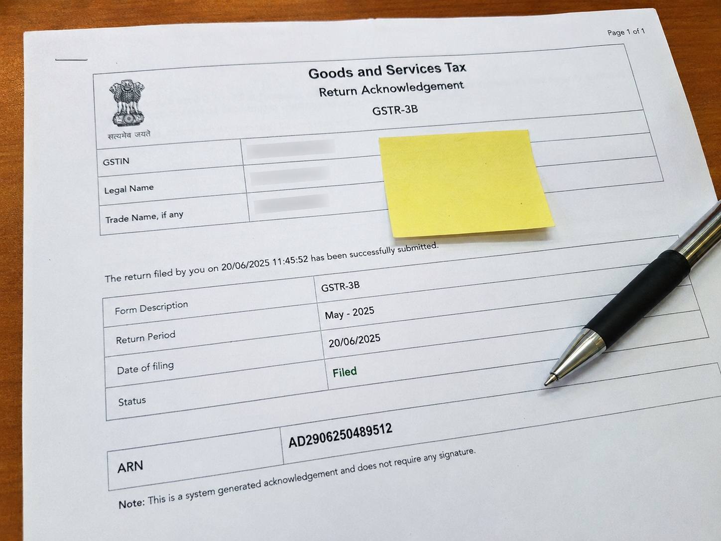 GST return filing results GSTR-3B acknowledgment
