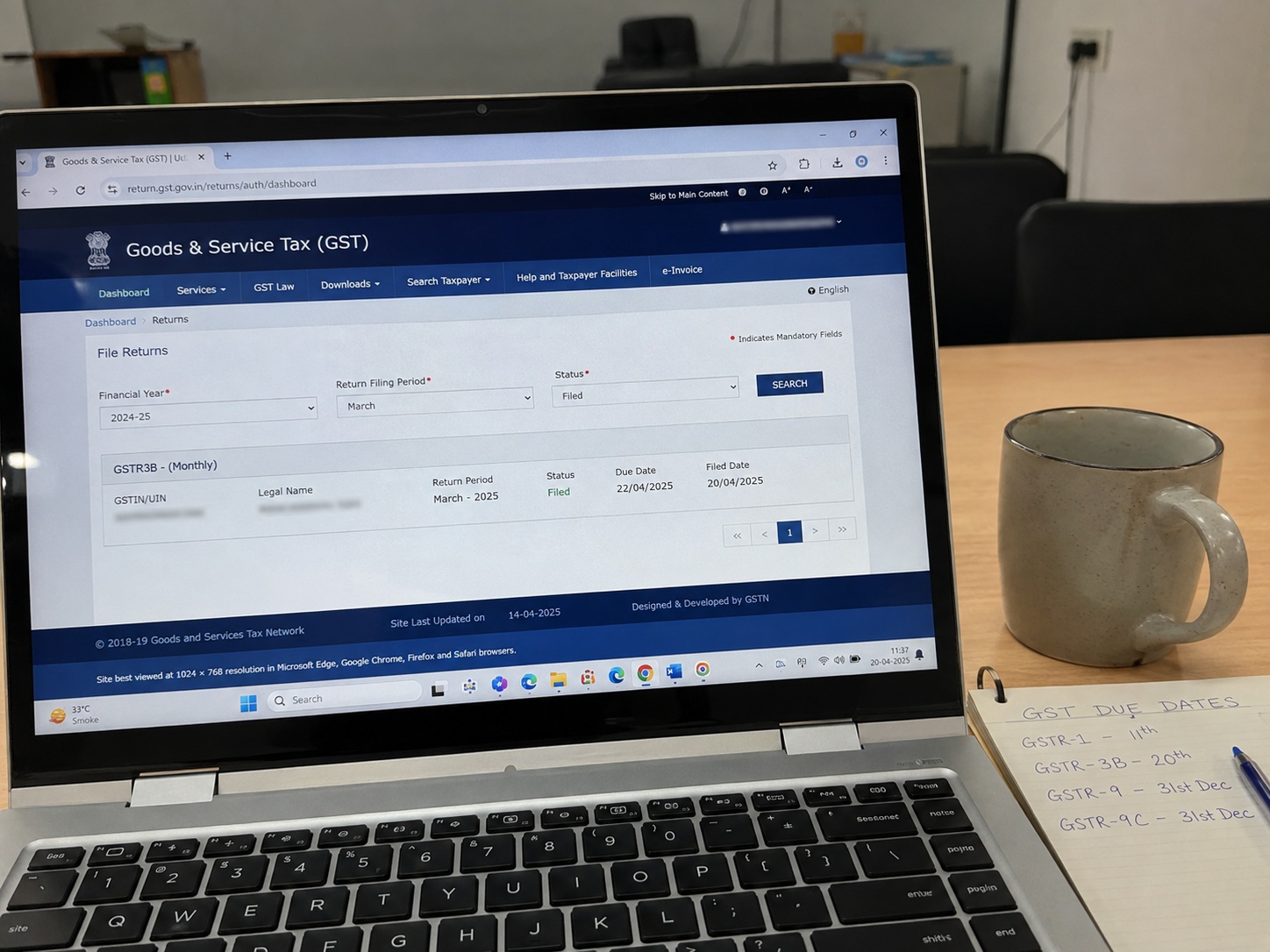 GST return filing results portal dashboard