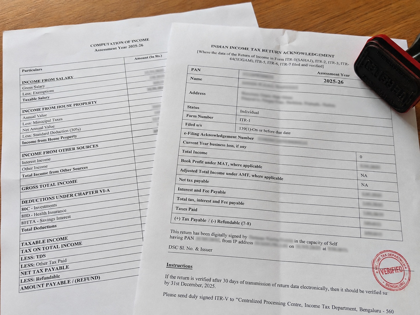 income tax filing results ITR acknowledgment